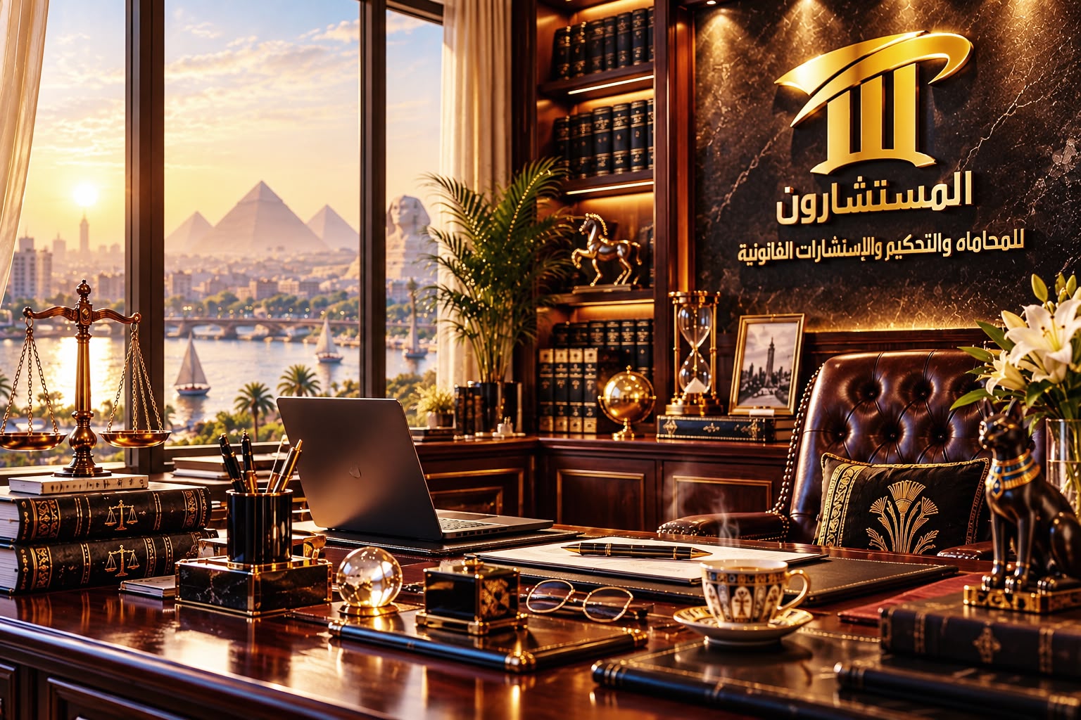 صورة توضيحية لميزان العدالة أمام أعمدة قضائية وكتب قانونية