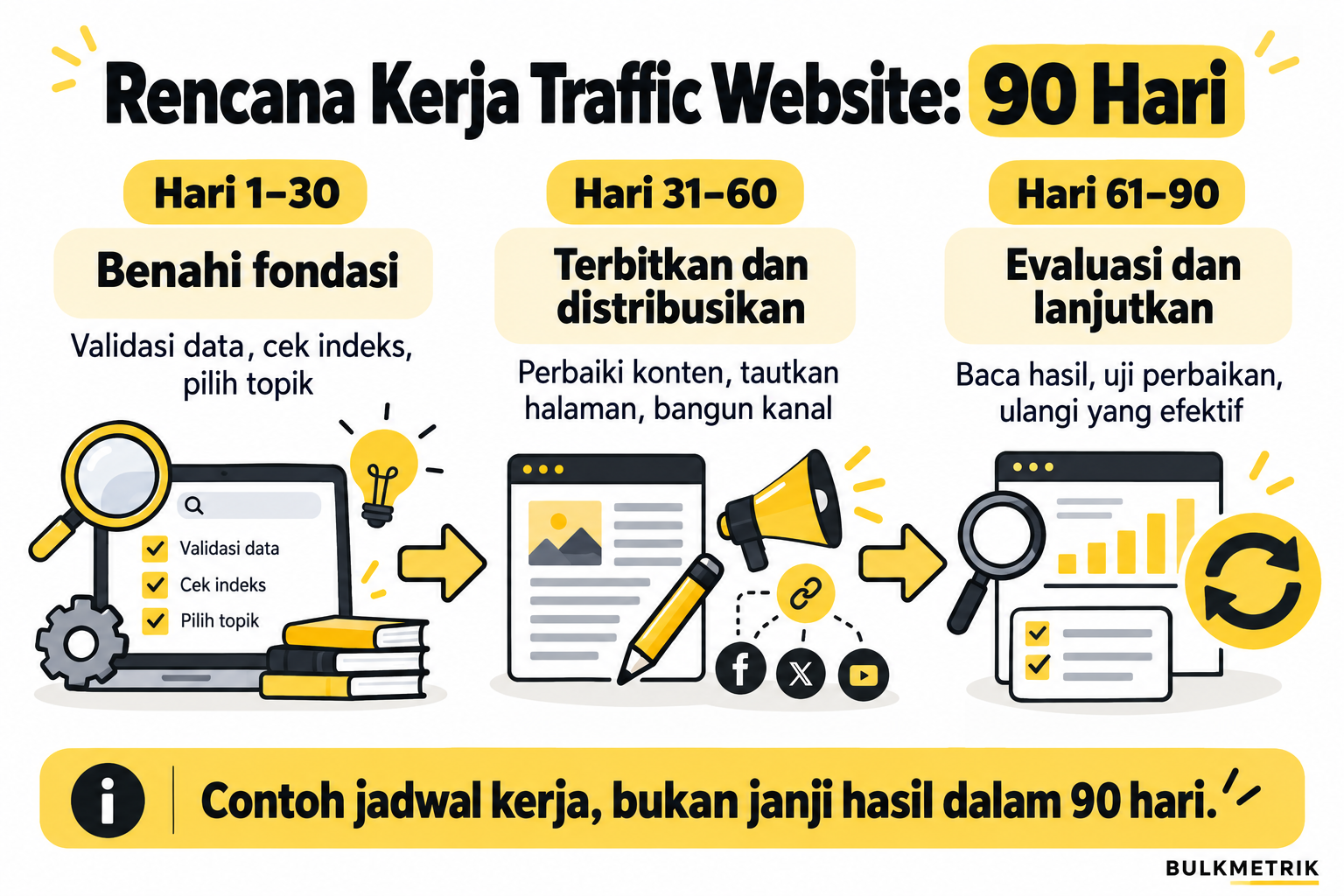 Contoh rencana kerja traffic website 90 hari: benahi fondasi, terbitkan dan distribusikan konten, lalu evaluasi serta lanjutkan perbaikan.