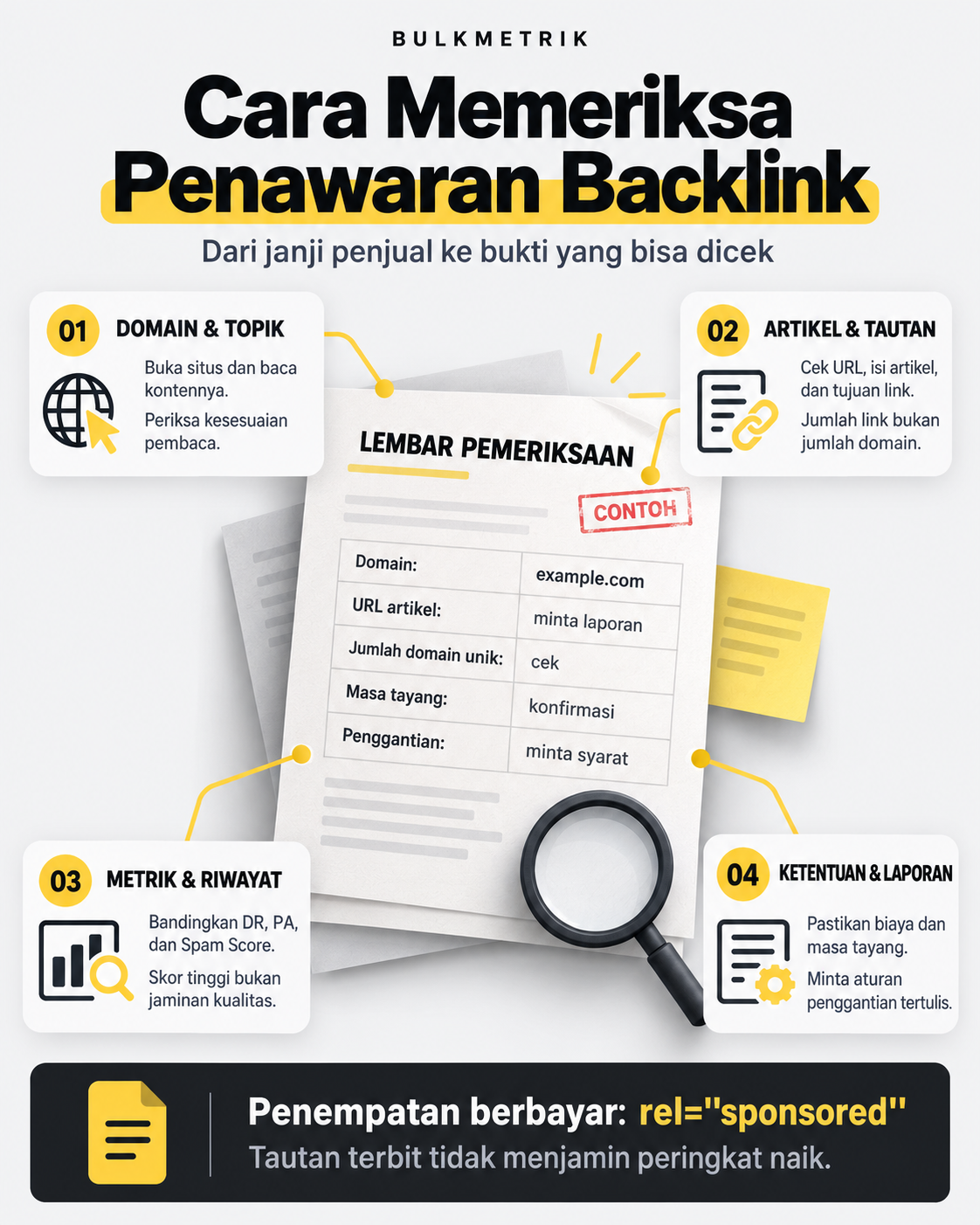 Infografik cara memeriksa penawaran backlink melalui domain, artikel, metrik, dan ketentuan layanan