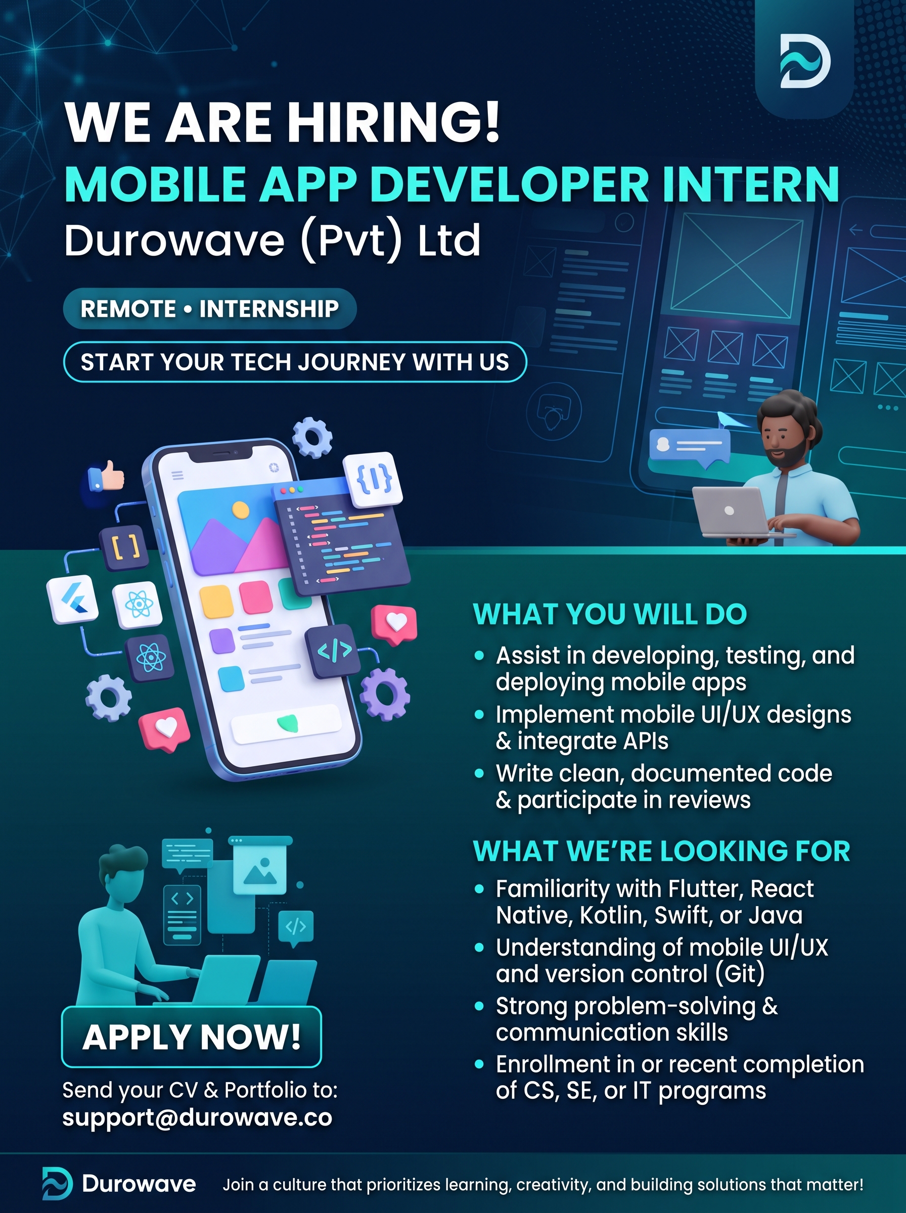 Java Control Time Day Mobile App Developer Intern - Durowave | DailyJobs
