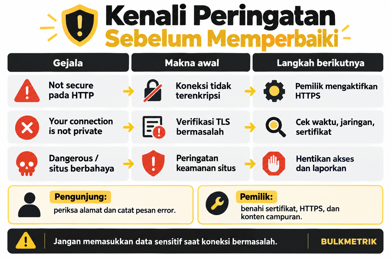 Perbedaan Not secure pada HTTP, Your connection is not private, dan peringatan situs berbahaya beserta arah pemeriksaan untuk pengunjung dan pemilik website.